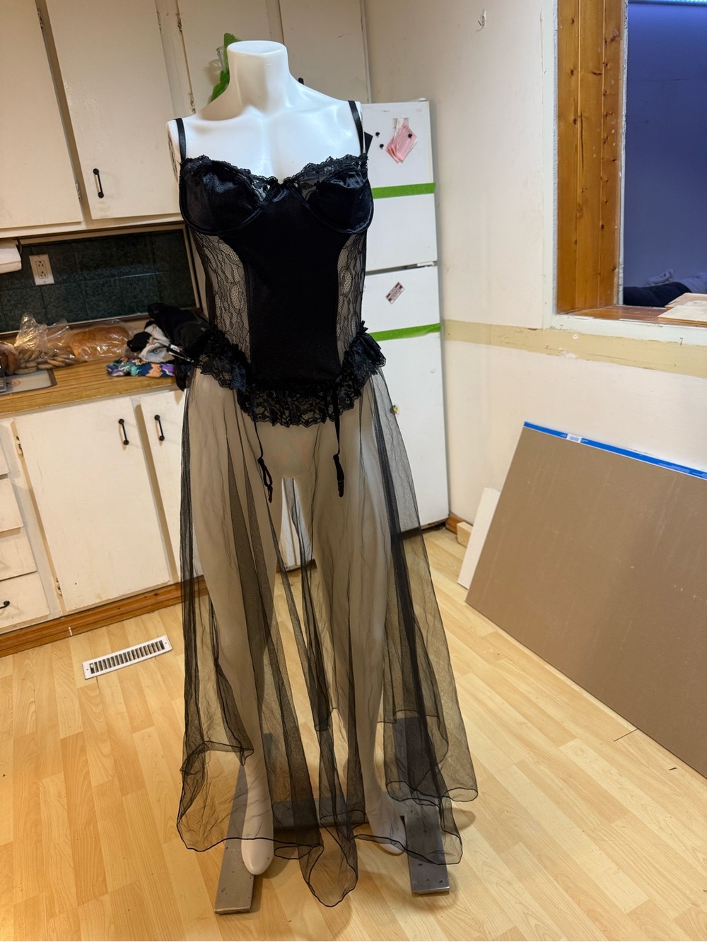 Dolls Kill Widow Black Lace Bustier with Sheer Tulle Overlay